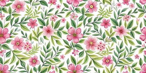 Fototapeta premium a floral pattern with pink flowers and green leave