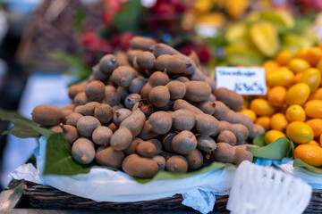 Close-up of the Tamarind fruit (Tamarindus indica), in a market