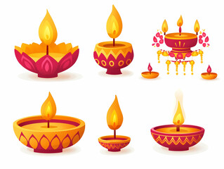 Fototapeta premium Flat Diwali Lantern and Kalash with Floating Diyas: Isolated Cultural Elements Symbolizing Rich Diwali Celebrations | Simple Vector Illustration