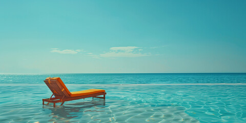 Obraz premium Wooden deckchair with orange mattress is standing in an infinity pool merging with the ocean on a sunny day