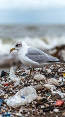 Bird pecking at microplastic debris on a polluted shoreline, Microplastics, wildlife impact, pollution