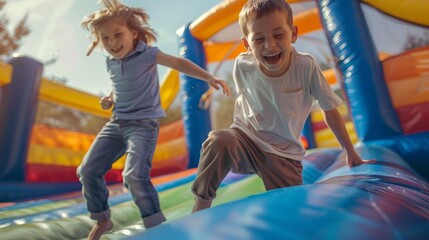 Two children are playing in a bounce house