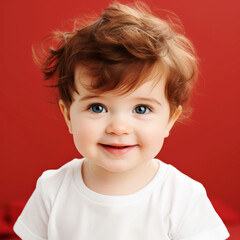 Naklejka premium Adorable smiling baby with red hair in white shirt on red background