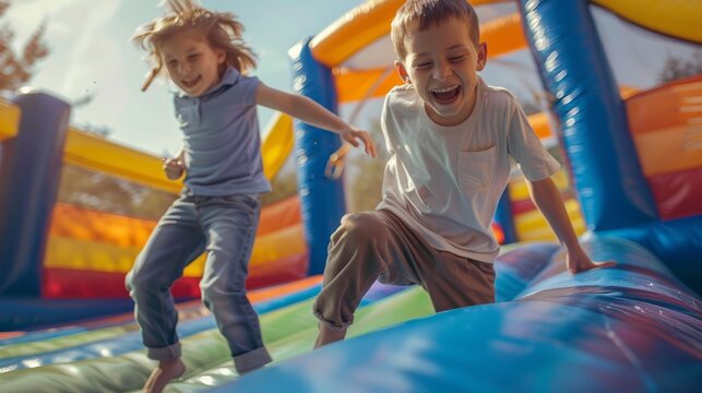 Two children are playing in a bounce house