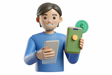 3D Candid Money Transfer via Mobile App Concept: Person Transferring Money with Natural Expressions for Finance or Banking Campaigns - Isolated White Background