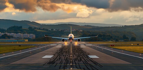 A plane taking off from the runway, showing its wings and engines in motion. The background is clear sky with no clouds