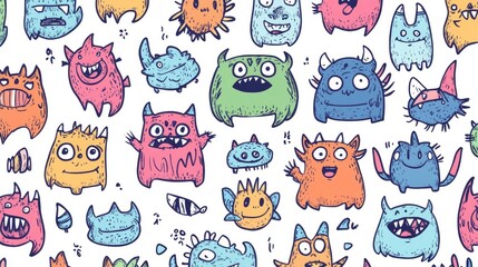 Adorable Doodle Monsters in a Seamless Vector Pattern for Design