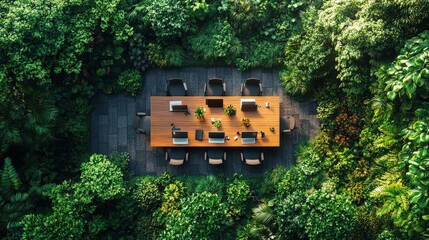 Aerial view of a secluded outdoor meeting table surrounded by lush greenery, symbolizing harmony between nature and workspace, ideal for eco-friendly and remote work themes