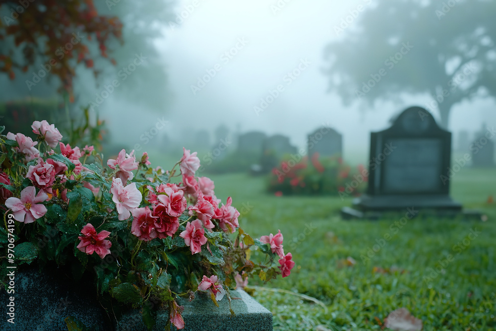 Wall mural Serene Morning at the Cemetery with Fresh Flowers for Day of the Dead  