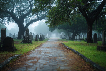 Obraz premium Historic Cemetery with Ancient Tombstones on Foggy Morning 
