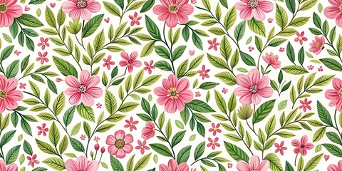 Fototapeta premium a floral pattern with pink flowers and green leave