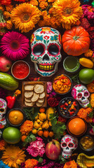 Fototapeta premium Vibrant Ofrenda with Traditional Foods for Day of the Dead Celebration 