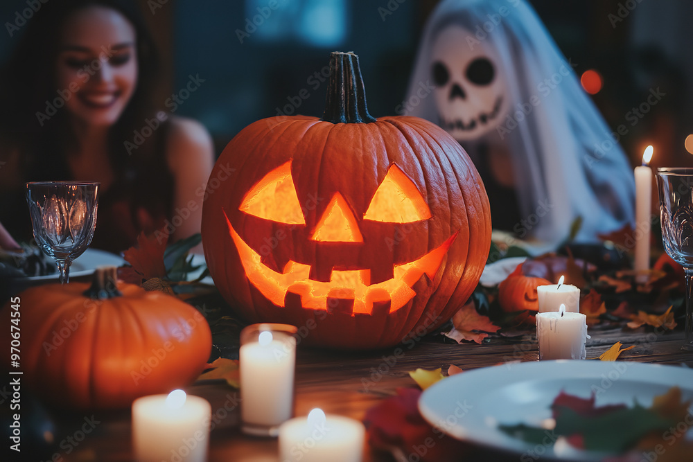 Poster Spooky LGBT Halloween Dinner with Rainbow Pumpkins and Ghostly Attire 