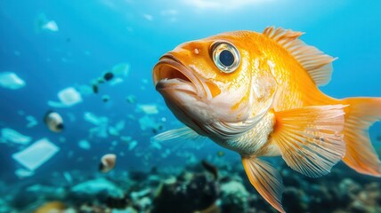 Fototapeta premium Fish swimming near microplastic pollution floating on the ocean surface, Microplastics, marine ecosystem, pollution impact