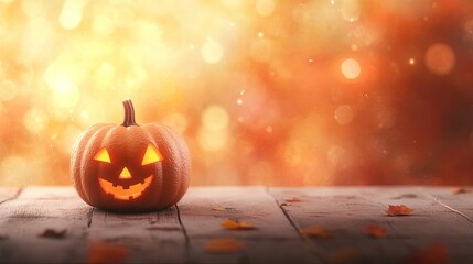 Happy Halloween with Pumpkin on Blurred Light Background and Space for Text