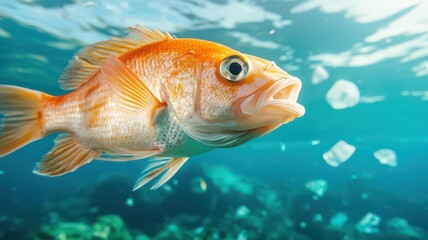 Naklejka premium Fish swimming near microplastic pollution floating on the ocean surface, Microplastics, marine ecosystem, pollution impact