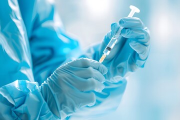 Close-up of a healthcare worker&rsquo;s gloved hands preparing a syringe, sterile environment, Medical, Safety