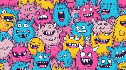 Obraz premium Adorable Doodle Monsters in a Seamless Vector Pattern for Design