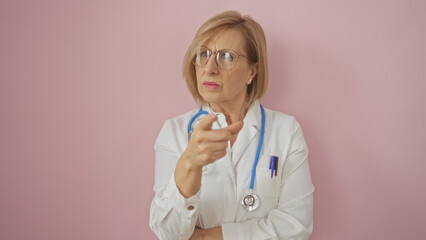 Elderly caucasian female doctor with blonde hair and glasses, pointing forward, isolated over pink background.