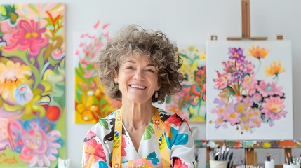 An artist smiling in front of their masterpiece with a ribbon attached, gallery setting, Victory, Creativity