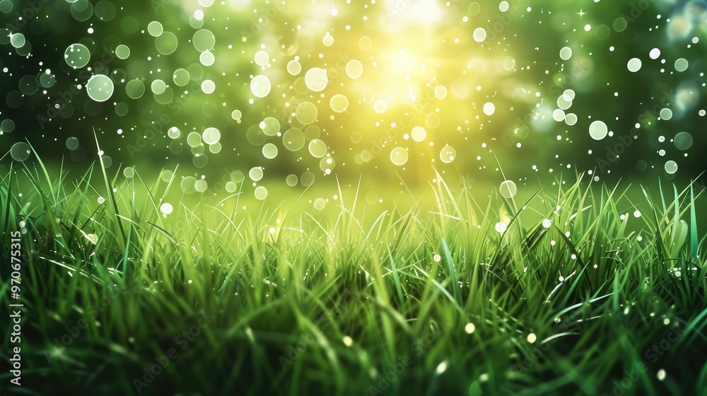 Aufkleber Captivating background with vibrant grass hues and floating particles. Generative AI.