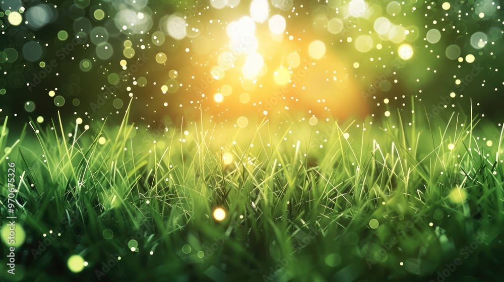 Poster captivating background with vibrant grass hues and floating particles. generative ai.
