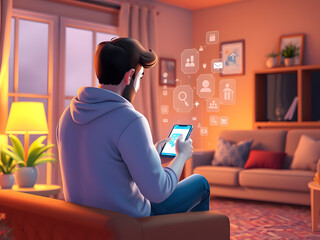 Obraz premium Engaged Shopper with Holographic Mobile Interface