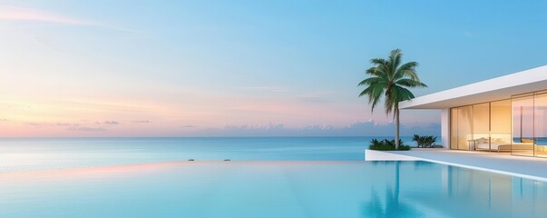 Fototapeta premium Luxury villa with modern architecture, panoramic windows overlooking the ocean, twilight setting, high-end real estate