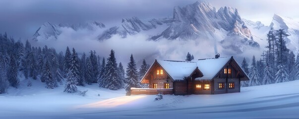 Mountain cabin with wooden exterior, snowy landscape, cozy interior lights, rustic real estate