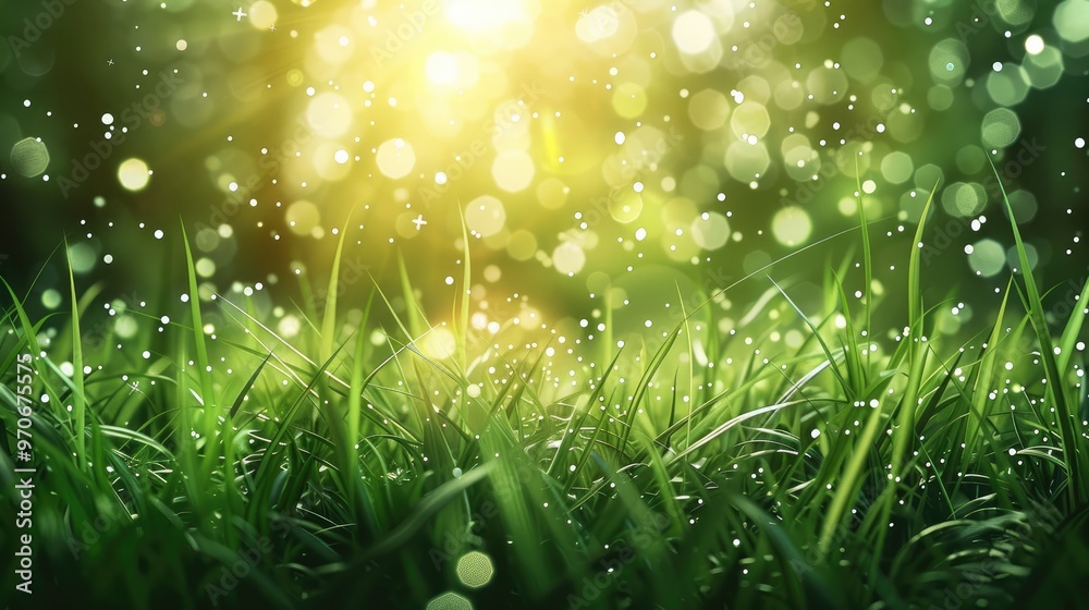 Aufkleber Captivating background with vibrant grass hues and floating particles. Generative AI.