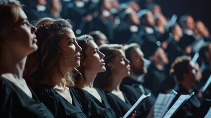 A group of people are sitting in a church choir, holding sheet music