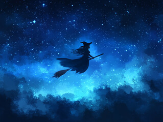 Halloween witch on broom. A witch flying on a broomstick across a night sky filled with stars.