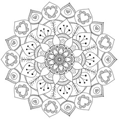 Mandala coloring page for adults, botanical mandala coloring page for adults. Hand-drawn floral line art mandala coloring page for adults. Coloring page for stress relief. Bohemian, tattoo.