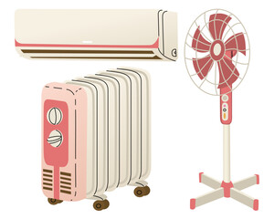 Set of equipment for indoor climate control. Floor fan, air conditioner and heater. Cooling and heating of indoor air. Salvation in hot weather and frost. Vector illustration