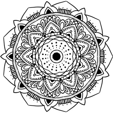Mandala coloring page for adults, botanical mandala coloring page for adults. Hand-drawn floral line art mandala coloring page for adults. Coloring page for stress relief. Bohemian, tattoo.