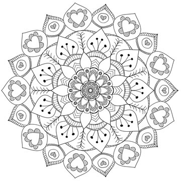 Mandala coloring page for adults, botanical mandala coloring page for adults. Hand-drawn floral line art mandala coloring page for adults. Coloring page for stress relief. Bohemian, tattoo.