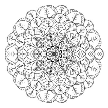 Mandala coloring page for adults, botanical mandala coloring page for adults. Hand-drawn floral line art mandala coloring page for adults. Coloring page for stress relief. Bohemian, tattoo.
