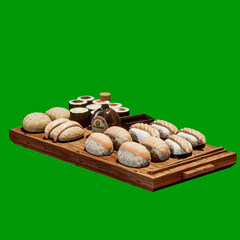 cutting board with japanese sushi isolated on green background