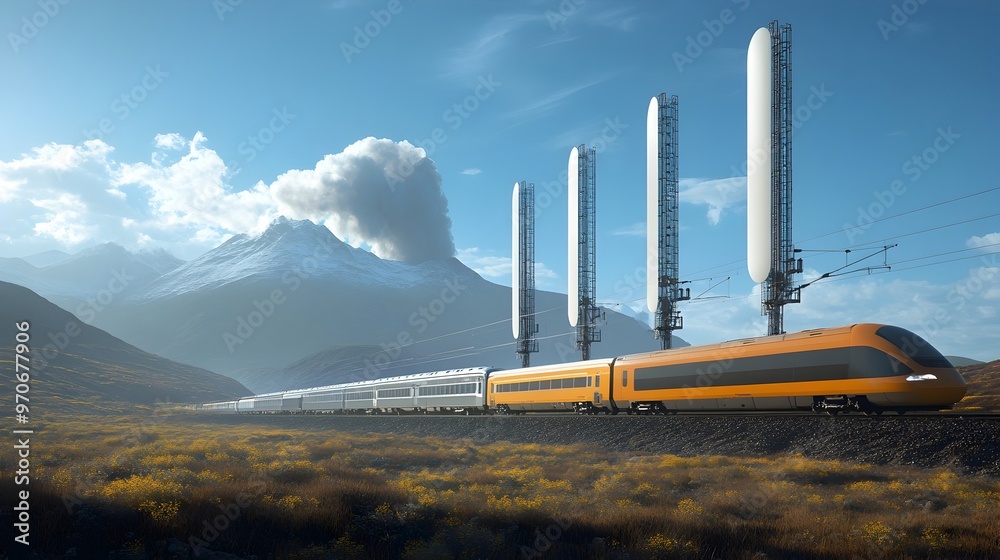 Poster wireless signal towers providing high speed train coverage across scenic countryside