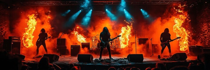 Rock Band Performing on Stage with Fire Effects