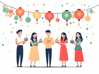 Fototapeta premium Flat Vector Illustration of Friends Sharing Sweets and Laughter Under Diwali Lanterns - Celebration, Warmth, and Joy of Festive Gatherings