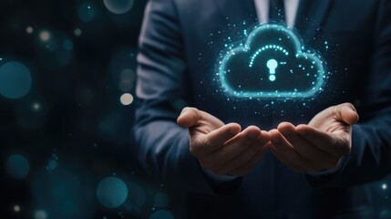 A businessman holds his hands out in front of him, cradling a glowing blue cloud icon with a question mark inside, symbolizing the concept of cloud computing security.