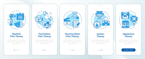 Film narrative blue onboarding mobile app screen. Walkthrough 5 steps editable graphic instructions with linear concepts. UI, UX, GUI template. Montserrat SemiBold, Regular fonts used