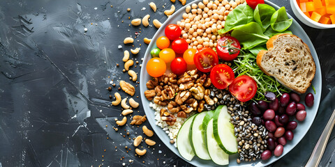 Photo: Vegan Buddha Bowl with Cucumber, Tomatoes, Walnuts, and Black Lentils on Dark Background