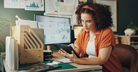 Working, tablet and woman in office for creative project with home development sketching. Career,...