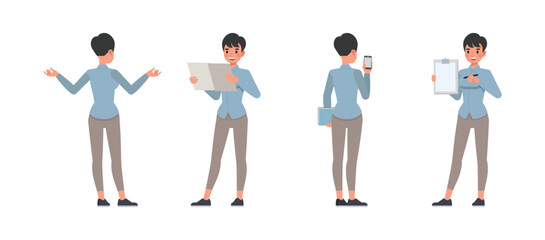 Business woman working and presentation in various action character vector illustration design set. Woman wear blue shirt.