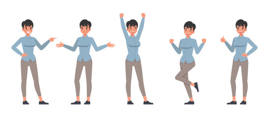 Business woman working and presentation in various action character vector illustration design set. Woman wear blue shirt.