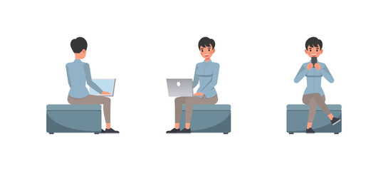 Business woman working and presentation in various action character vector illustration design set. Woman wear blue shirt.