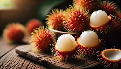 Peeled and unpeeled rambutans on a wooden table