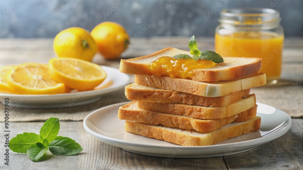 Wall mural Stack of toasts with lemon jam on a dish close-up, toasts, lemon jam, plate, dish, breakfast, food, snack, delicious, sweet